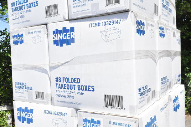Singer #8 folded takeout boxes, new condition, 6"x4-3/4"x2-1/2", item# 10329147, 300 boxes total, slight box damage.
