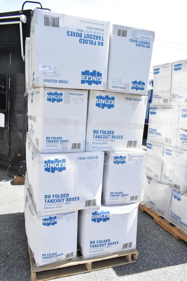 Stack of Singer #8 folded takeout boxes on a pallet, each 6"x4-3/4"x2-1/2", item #10329147, new condition.