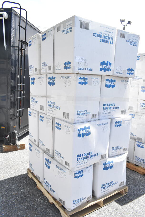Stack of Singer #8 folded takeout boxes on a pallet, each box 6"x4-3/4"x2-1/2", scratch and dent condition.