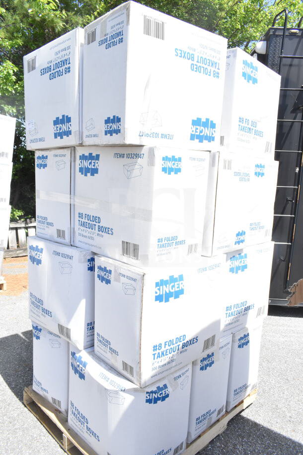20 brand new Singer #8 folded takeout boxes, 6"x4-3/4"x2-1/2", 300 per box, on a pallet. Item# 10329147.