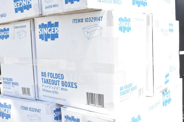 20 new Singer #8 folded takeout boxes, 6"x4-3/4"x2-1/2", scratch and dent condition, item #10329147.