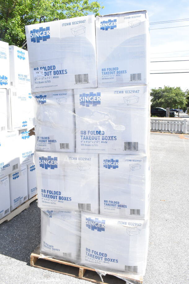 Stack of Singer #8 folded takeout boxes, 6"x4-3/4"x2-1/2", white. Item #10329147, 20 per auction bid. New condition.