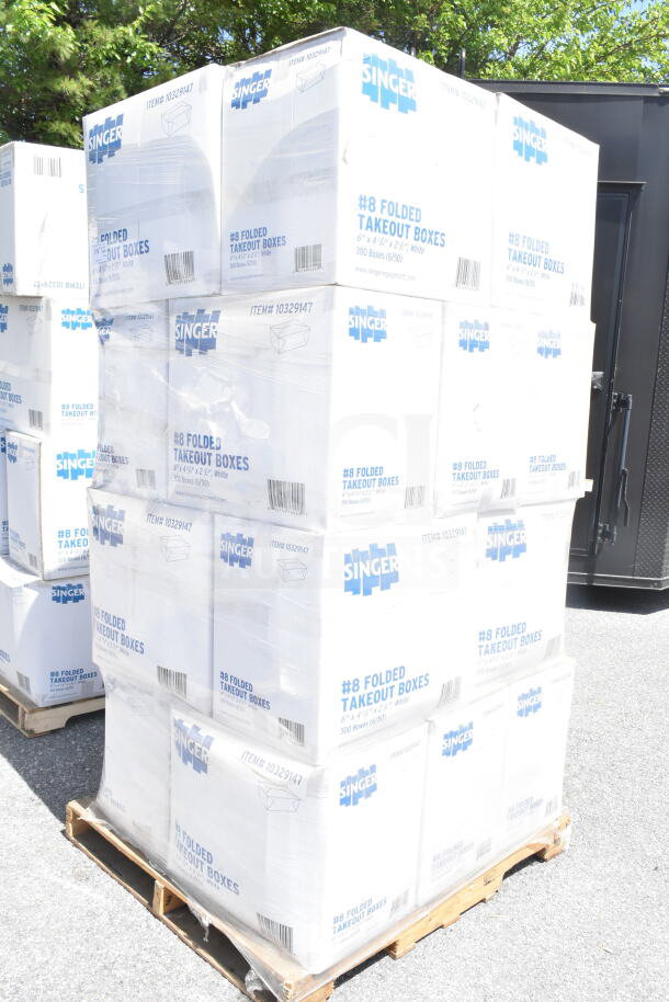 Pallet of Singer #8 folded takeout boxes, 20 sets, each 6"x4-3/4"x2-1/2", scratch and dent condition, white.