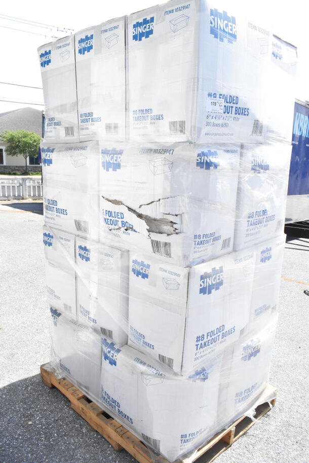 20 new scratch and dent Singer #8 folded takeout boxes, 6"x4-3/4"x2-1/2", on a pallet.