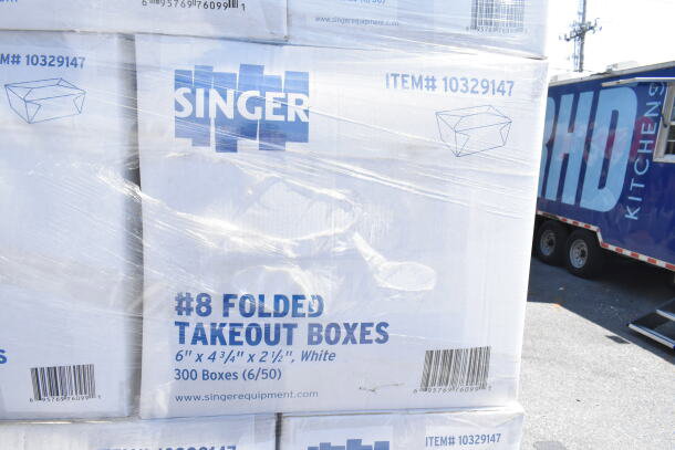 Singer #8 Folded Takeout Boxes, 6"x4.75"x2.5", white, in packaging. Item #10329147, 300 units per box. Scratch and dent condition.