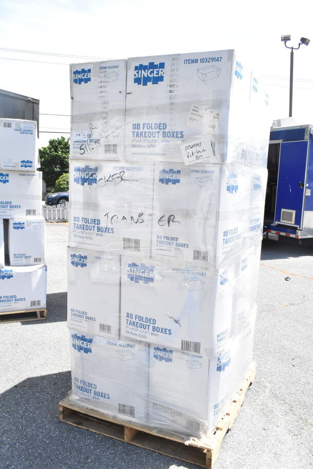 Singer folded takeout boxes, size 6"x4-3/4"x2-1/2", packaged on a pallet. Marked for auction, ideal for bulk purchase.