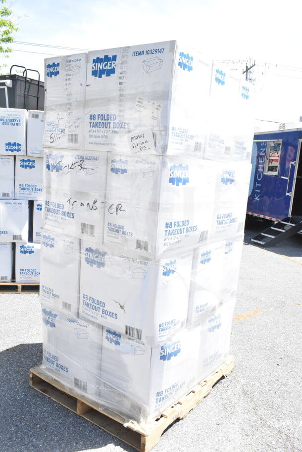 Stack of brand new Singer #8 folded takeout boxes, size 6"x4-3/4"x2-1/2", on a pallet. Scratch and dent condition.