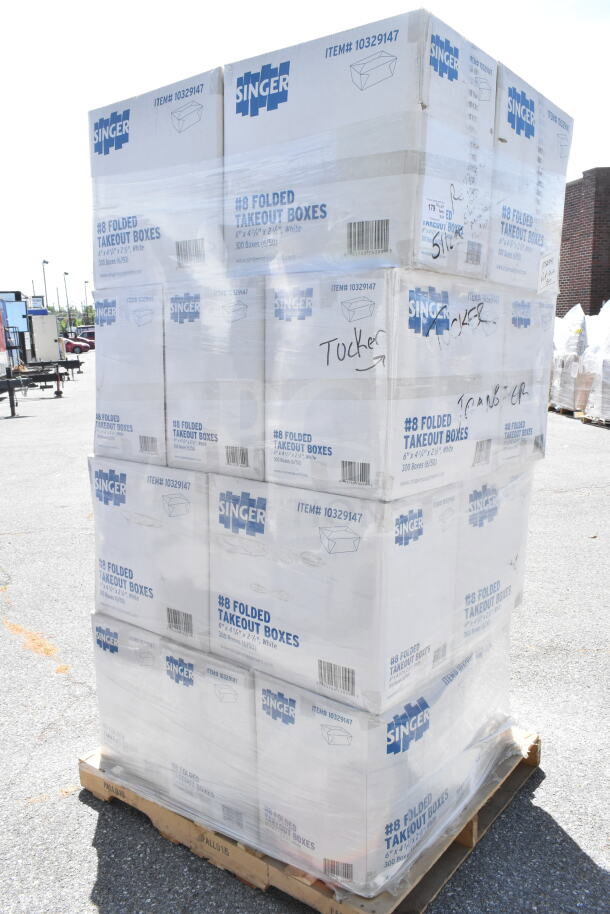 Stack of Singer #8 folded takeout boxes, 6"x4-3/4"x2-1/2", palletized, labeled as scratch and dent, item #10329147.