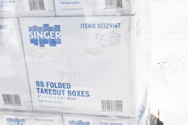 Singer #8 Folded Takeout Boxes, 6"x4-3/4"x2-1/2". Brand new with slight scratches/dents. 20 boxes in auction lot.