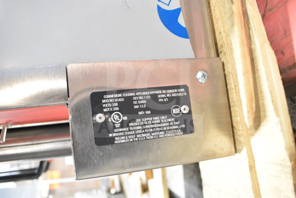 Brand new Vulcan VC4ED convection oven label, model and specs, 208 volts, 3/1 phase, UL and NSF certified.