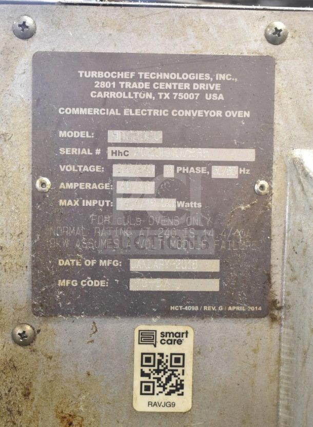 Turbochef HhC2020 commercial electric conveyor oven, 208/240V, 3 phase, tag with model, serial number, and voltage details.