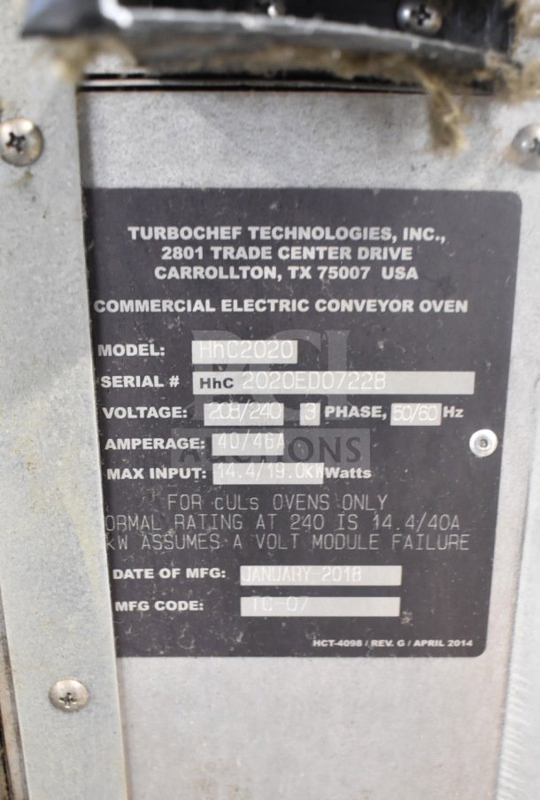 Turbochef HhC2020 commercial electric conveyor oven label, 208/240 volts, 3 phase, manufactured January 2018.