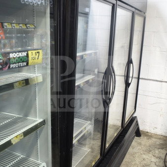 2017 True GDM-72F-HC commercial 3-door reach-in freezer merchandiser, tested and working, black frame, shelves inside.
