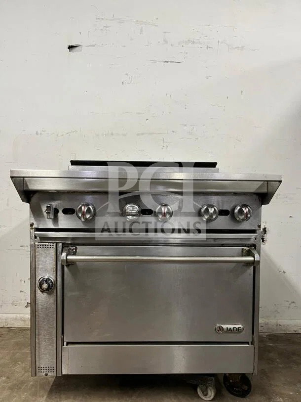 Supreme Heavy-Duty Jade JSR-6-36 6-Burner Gas Range with Oven, stainless steel, condition visible, brand logo shown.