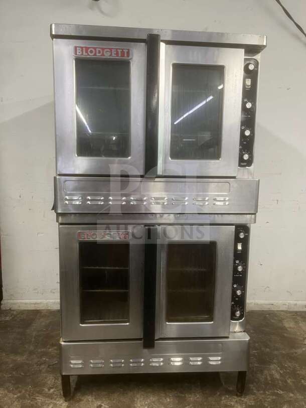 Blodgett Double Stack Convection Oven, stainless steel, propane powered, solid state thermostat, with wired oven rack and legs.