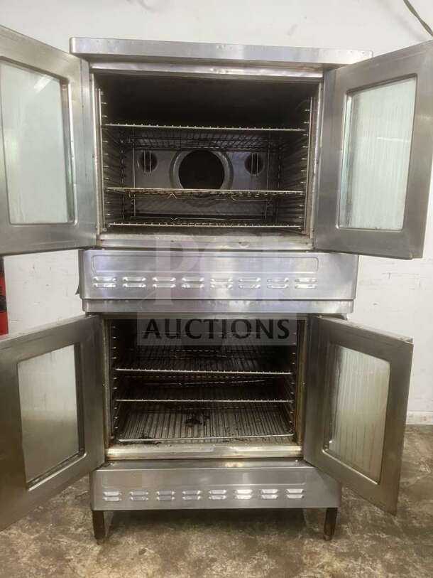 Blodgett double stack stainless steel convection oven, propane powered, with solid state thermostat, wired rack, and legs.