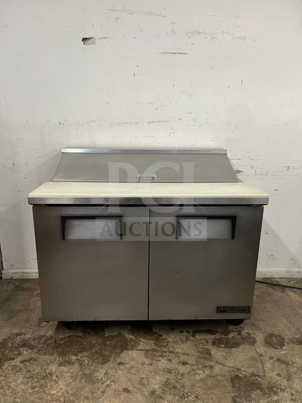 True TSSU-48-12-HC stainless sandwich salad prep unit, holds 12 1/6 pans, 12 CuFt, used condition, visible true logo.