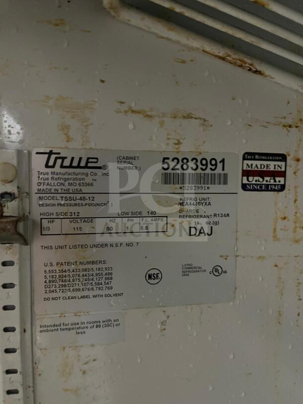 True TSSU-48-12-HC sandwich prep unit label, showing model, serial number, NSF certification, and made in USA marking.