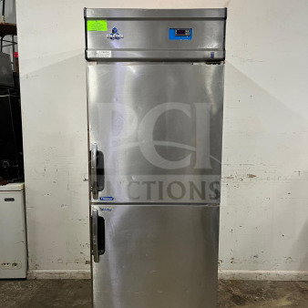ColdTech J2sff-21b freezer, stainless steel, two solid half doors, energy-saving, great condition, visible ColdTech branding.