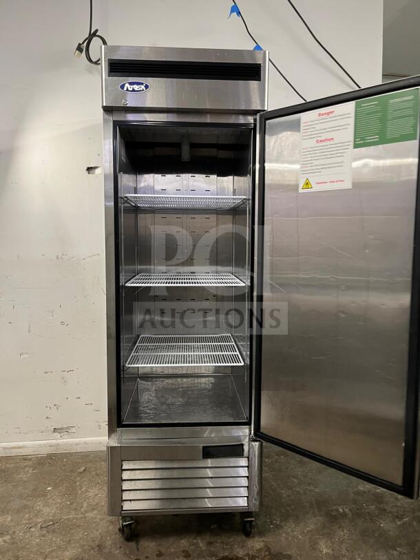 ATOSA MBF8505GR 27-inch stainless steel reach-in refrigerator, 19.1 cu ft, open door, Energy Star rated, on casters.