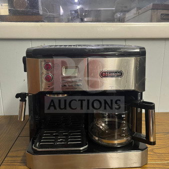 DELONGHI BCO430 coffee machine, silver and black, with pump espresso, 10-cup drip, frothing wand. Good condition.