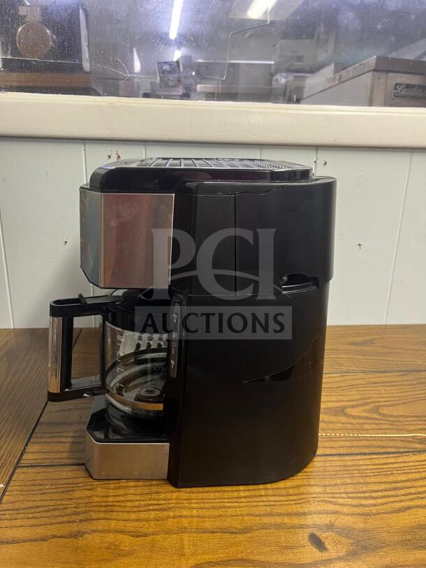 DELONGHI BCO430 espresso and drip coffee machine, silver and black, features frothing wand, good condition.