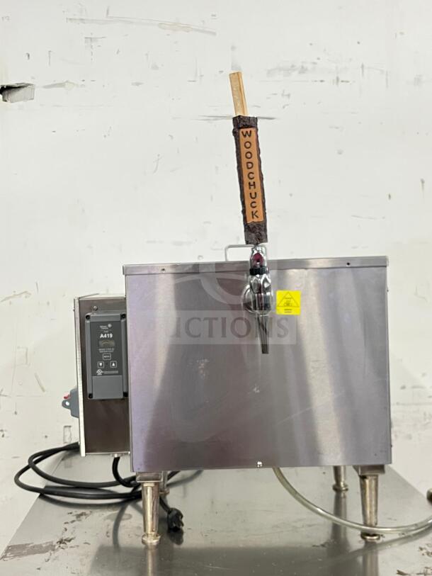 KEGRATOR commercial beer dispenser, portable countertop keg cooler, metal finish, "WOODCHUCK" tap handle, model A419.