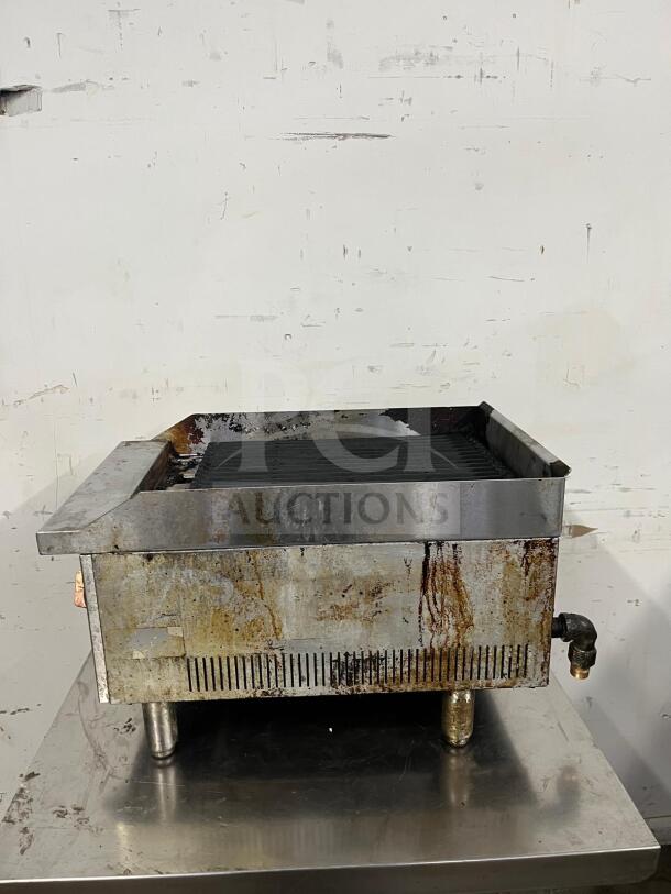 Star-Max Countertop 15in Radiant Gas Charbroiler, aged stainless steel, visible rust and wear, model Charbroiler.