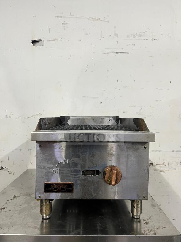 Star-Max Countertop 15in Radiant Gas Charbroiler, used condition, features visible on/off knob and sturdy legs, model Charbroiler.