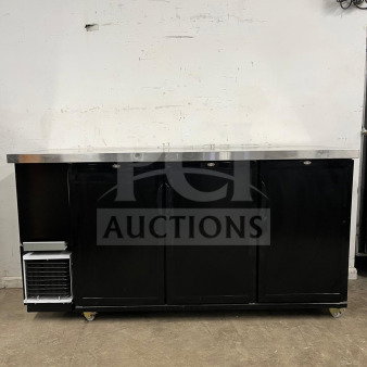 Dukers Back Bar Beverage Cooler DBB72, black with stainless steel top, three doors, caster wheels, excellent condition.