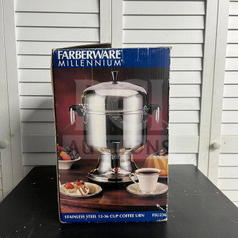 Brand new Farberware FSU 236 automatic 12-36 cup stainless steel electric urn in original packaging, model FSU236.