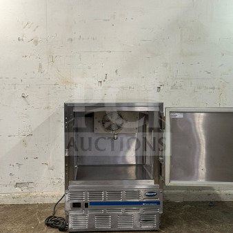 Follett REV 4-ADA under-counter refrigerator, stainless steel, right hinge, Performance Plus series, open door, used condition.