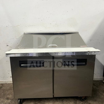 Blue Air BLMT48-HC 48" refrigerated mega top sandwich prep table, dual swing doors, 13.1 Cu. Ft., stainless steel, used.