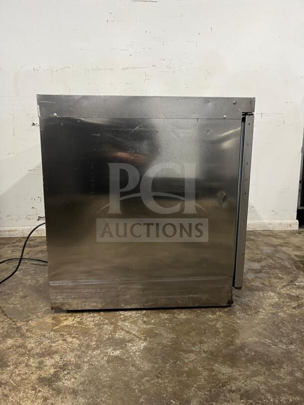 Delfield 4448NP-18M 48" refrigerated salad prep table cooler, stainless steel, appears used, capable of holding 18 pans.