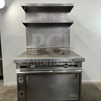 Jade Range JTRH-2HT-A heavy-duty commercial electric range with two burners and shelving, stainless steel, used condition.