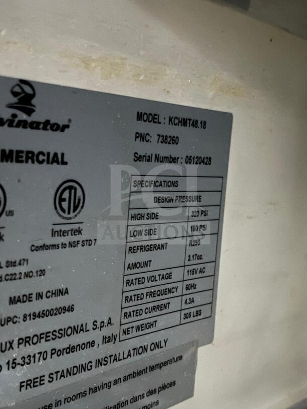 Kelvinator KCHMT48.18 48" prep table label showing specifications, serial number, and installation details.