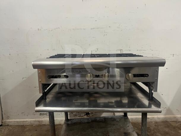 AMERICAN RANGE ARHP-36-6 thermostatic griddle, 36" wide, 6 burners, stainless steel, used. Visible brand label on front.