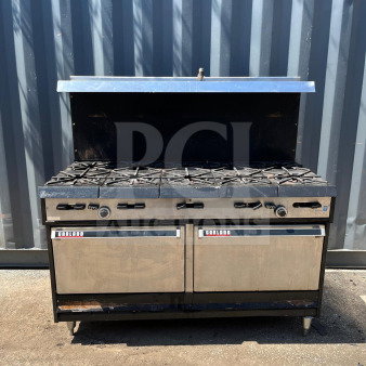 Garland natural gas 10 burner 60" range with two ovens, model 10 burner, 406,000 BTU, stainless steel, used condition.