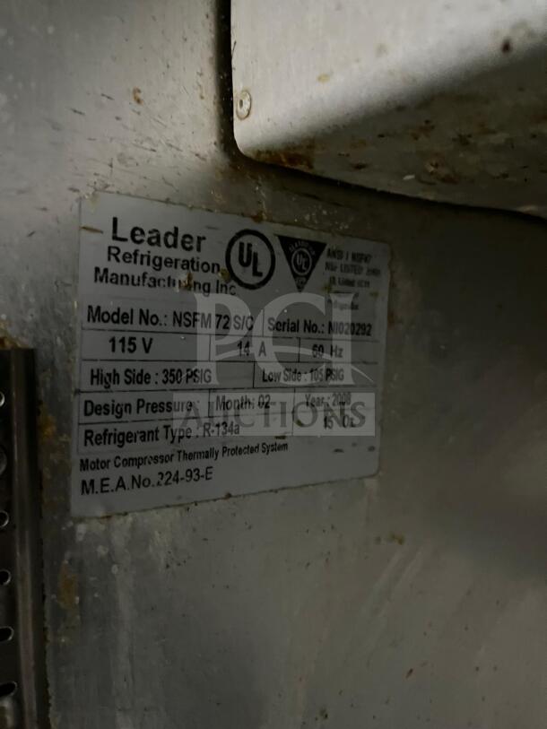 LEADER NSFM72 72" 3-door refrigerated prep table label, Model NSFM72, 115V, made in 2008, uses R-134a refrigerant.