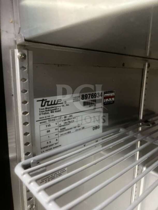 True TSSU-27-08-HC refrigerated sandwich prep table label, shows model and serial number, features R290 refrigerant.