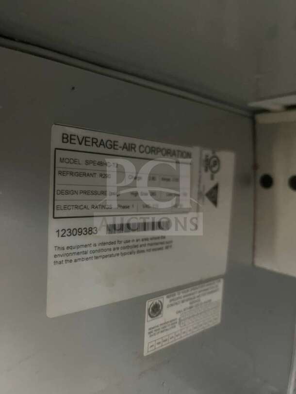 Beverage-Air 48" 2 Door Sandwich Prep Table, Model SPE48HC-12, Refrigerant R290, Electrical: 115V, Serial No. 12309383.