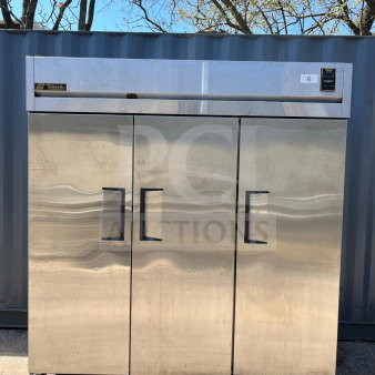 True TR3F-3S-HC Spec Series 77 3/4" solid door reach-in freezer. Stainless steel, three doors, model TE3F-3S, on casters.