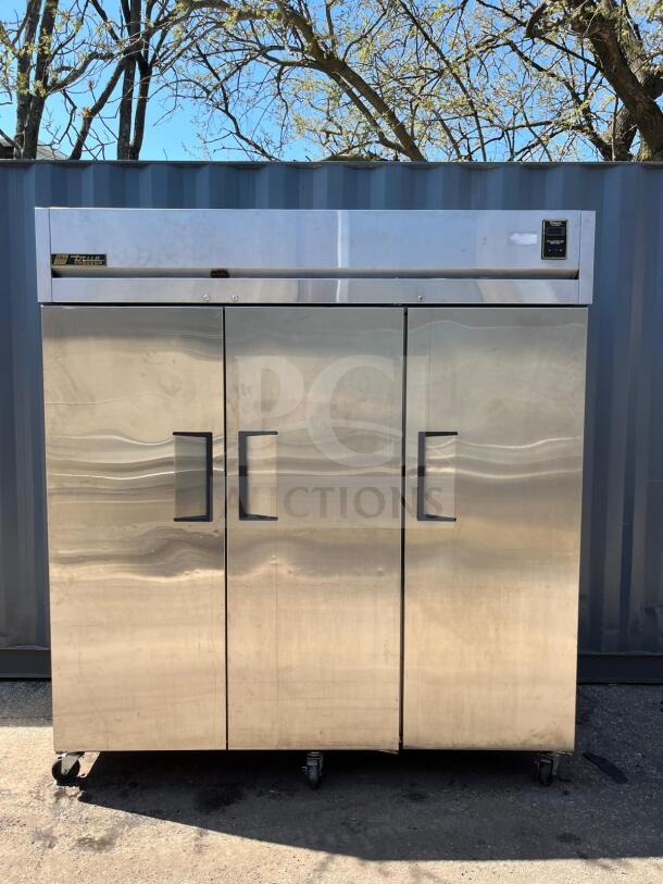 TRUE TR3F-3S-HC Spec Series 77 3/4" Solid Door Reach-In Freezer; stainless steel; excellent condition; three solid doors.