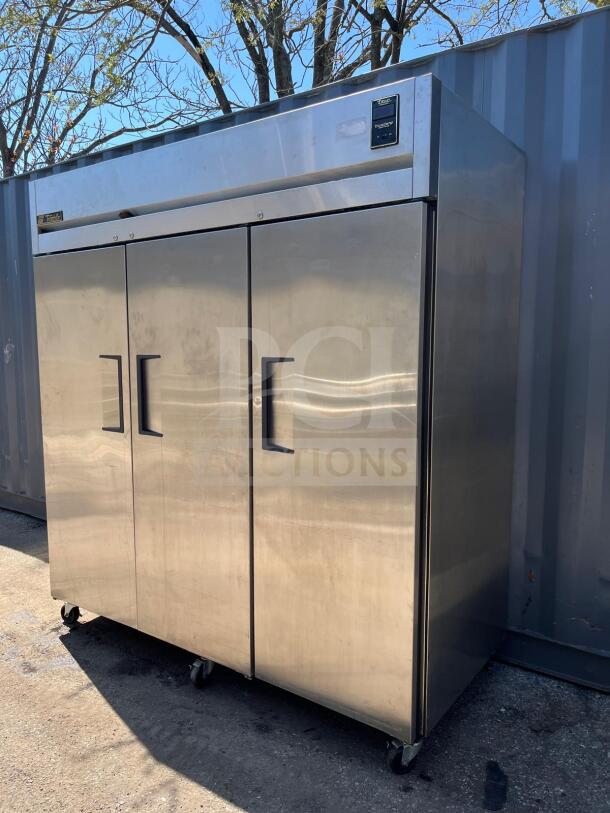 True TR3F-3S-HC Spec Series 77" solid door reach-in freezer, stainless steel exterior, on wheels, model TE3F-3S.