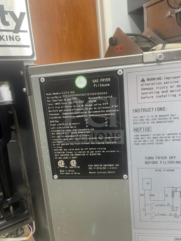 CITY COOKING deep fryer, model CCF-4 NAT G, 4-tube, 120000 BTU, gas type NG. Features instructions and certification labels.