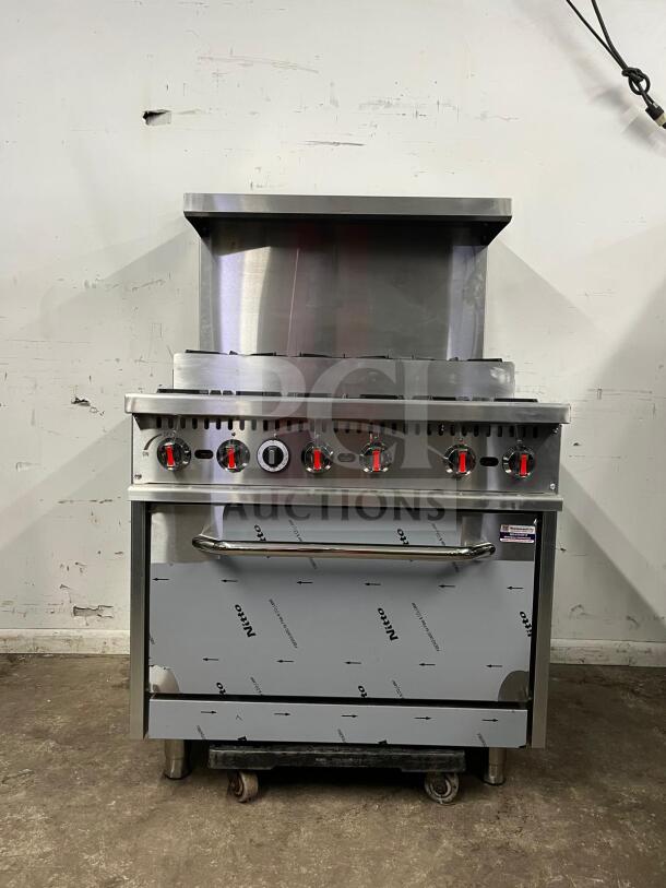 BRAND NEW 2024 Evernew RC-ENR6B36TJ-NAT stainless steel 6-burner range with oven, backsplash, and overshelf. 210,000 BTU.