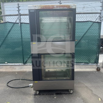 HOBART Electric Rotisserie Oven HRW 330, stainless steel, dual glass doors, visible wear on top, wheeled base, power cord included.
