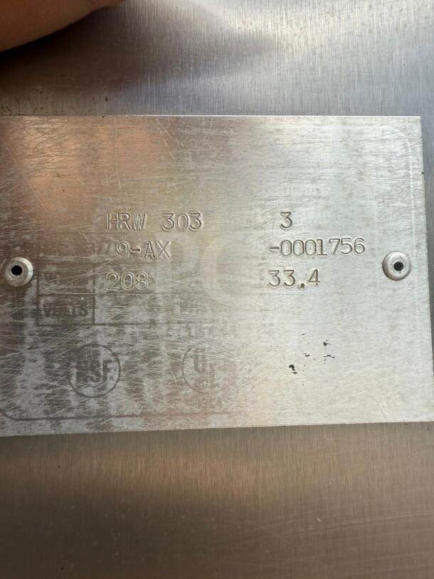 HOBART Electric Rotisserie Oven Model HRW 303 metal tag showing model, serial number, and usage specifications.