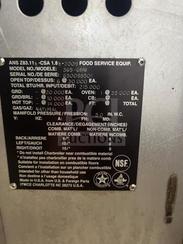 VULCAN 36S-6B gas range data plate showing model, serial number, and specifications. Natural gas, 215,000 BTU/hr.