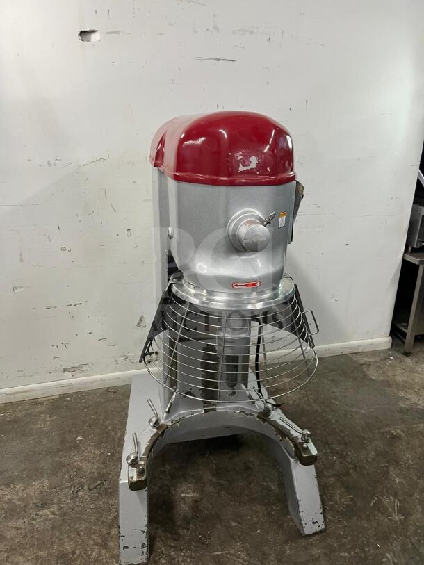 AXIS AX-M80 80 Quart Commercial Mixer, 4-speed, 4 HP, red and silver, in used condition, with safety guard.